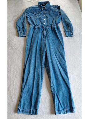 Womens Denim Jumpsuit Romper Size 10 Petite Button Long Sleeve Collared